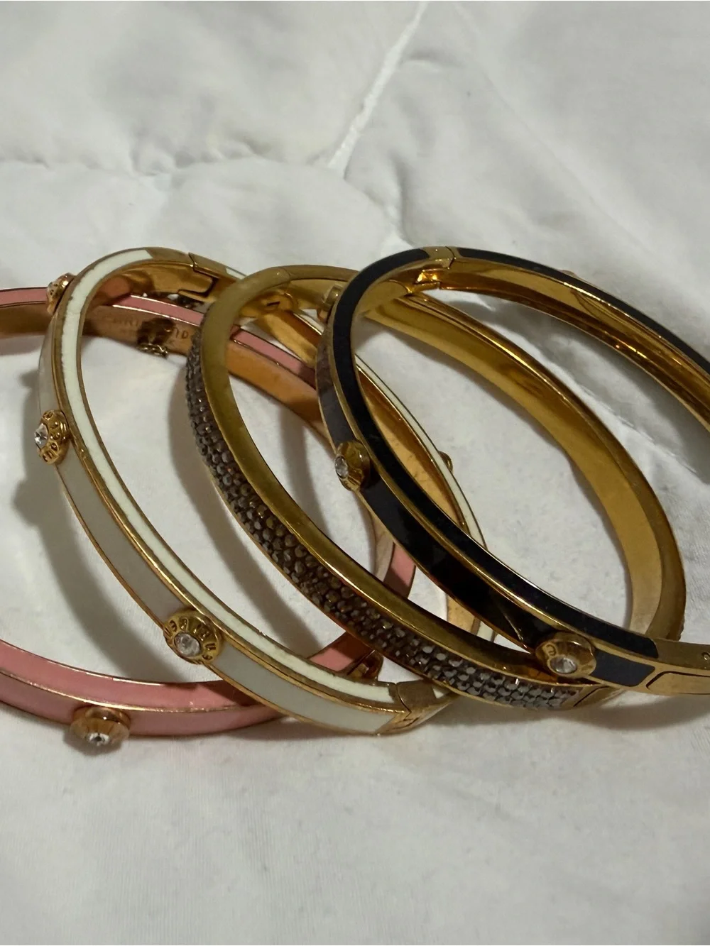 henri bendel Gold-Tone Stackable Bangle Set with Pink, White and Black Enamel